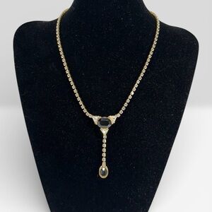 Vintage Monet Gold-Tone with Black & Clear Crystal 18 in Lariat Necklace
